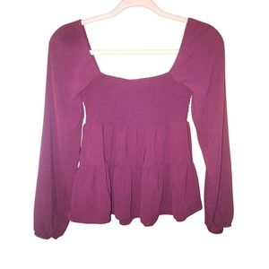 Paper Crane Maroon‎ Smocked Baby Doll Boho Long Sleeve Blouse Women’s Size XS